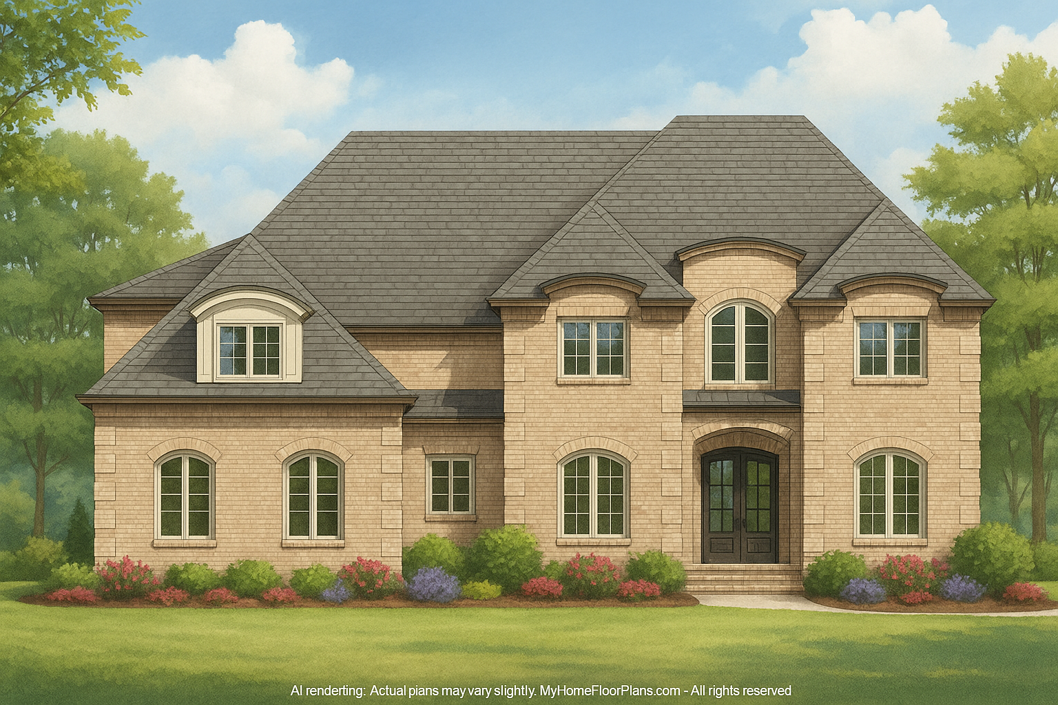Elegant 2-Story House Plan with European Architecture and Bonus Spaces