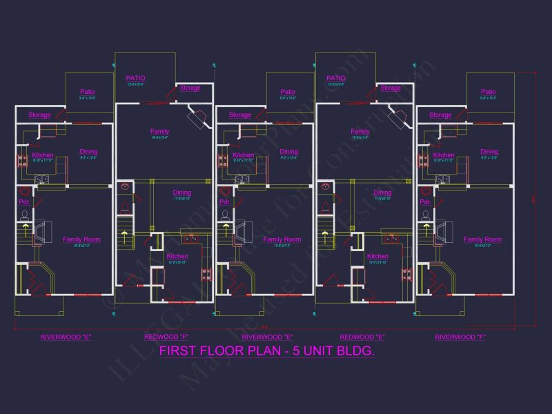 Elegant 5-Unit Townhome Plan with Open Layout and Vaulted Ceilings