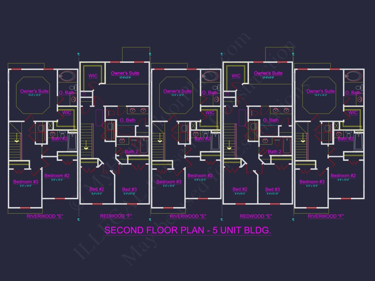 Elegant 5-Unit Townhome Plan with Open Layout and Vaulted Ceilings