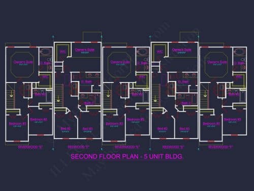 Elegant 5-Unit Townhome Plan with Open Layout and Vaulted Ceilings