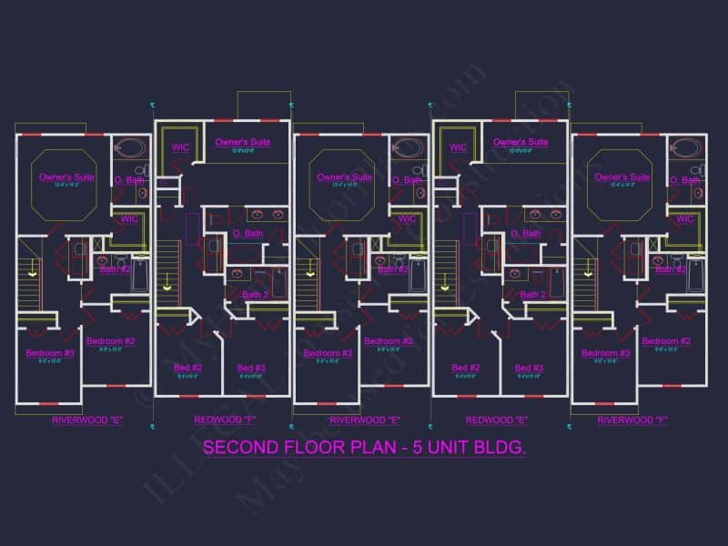 Elegant 5-Unit Townhome Plan with Open Layout and Vaulted Ceilings