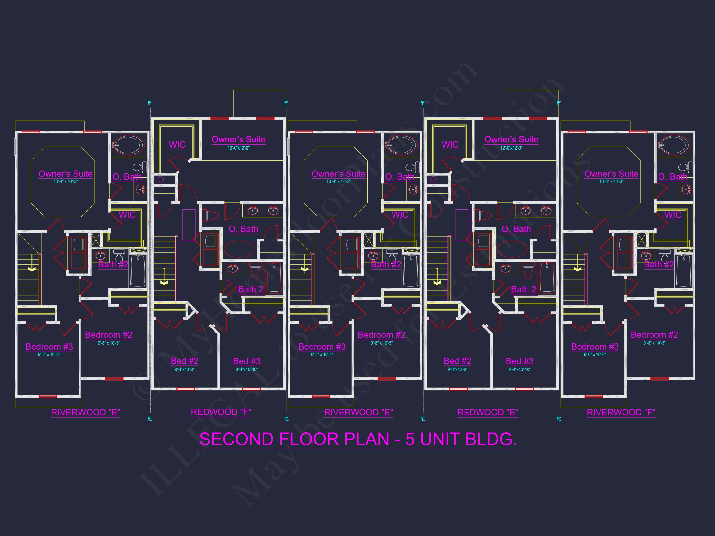 Elegant 5-Unit Townhome Plan with Open Layout and Vaulted Ceilings