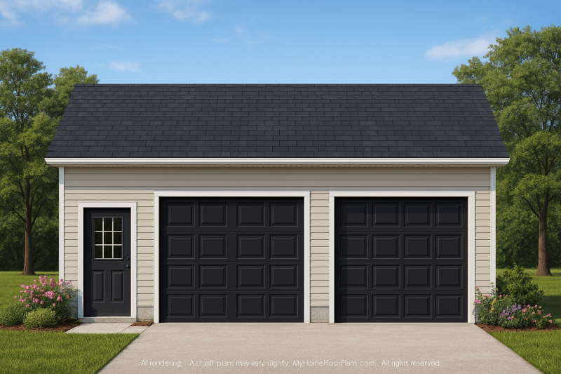 Functional 2-Bay Garage Plan with Workshop Area and CAD Designs
