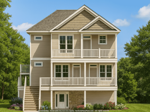 Modern Coastal Craftsman Home Design with 2 Floors & Vaulted Ceilings
