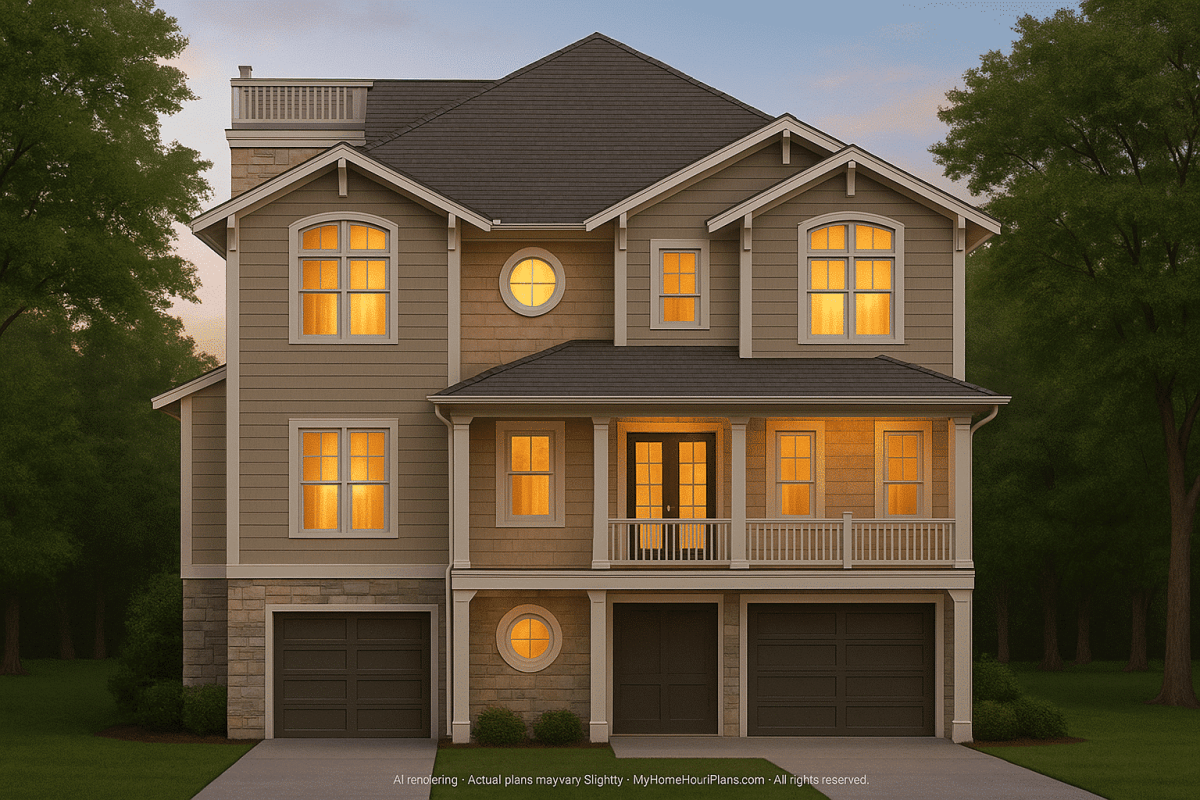 Modern Coastal Home Plan 3 Floors, 4 Beds, 5+ Baths
