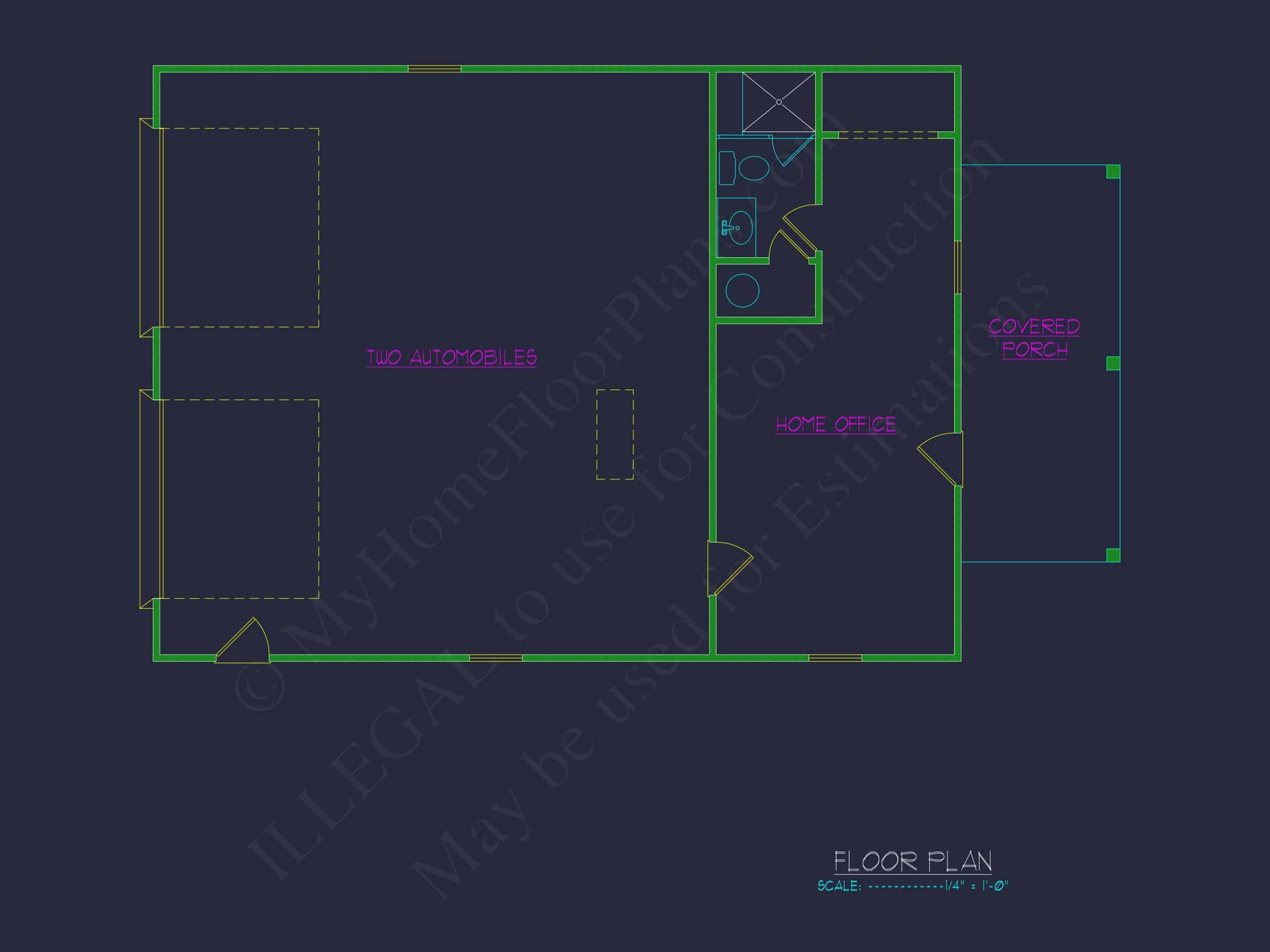 Modern Garage and Living Space Plan with 2 Bays and Study