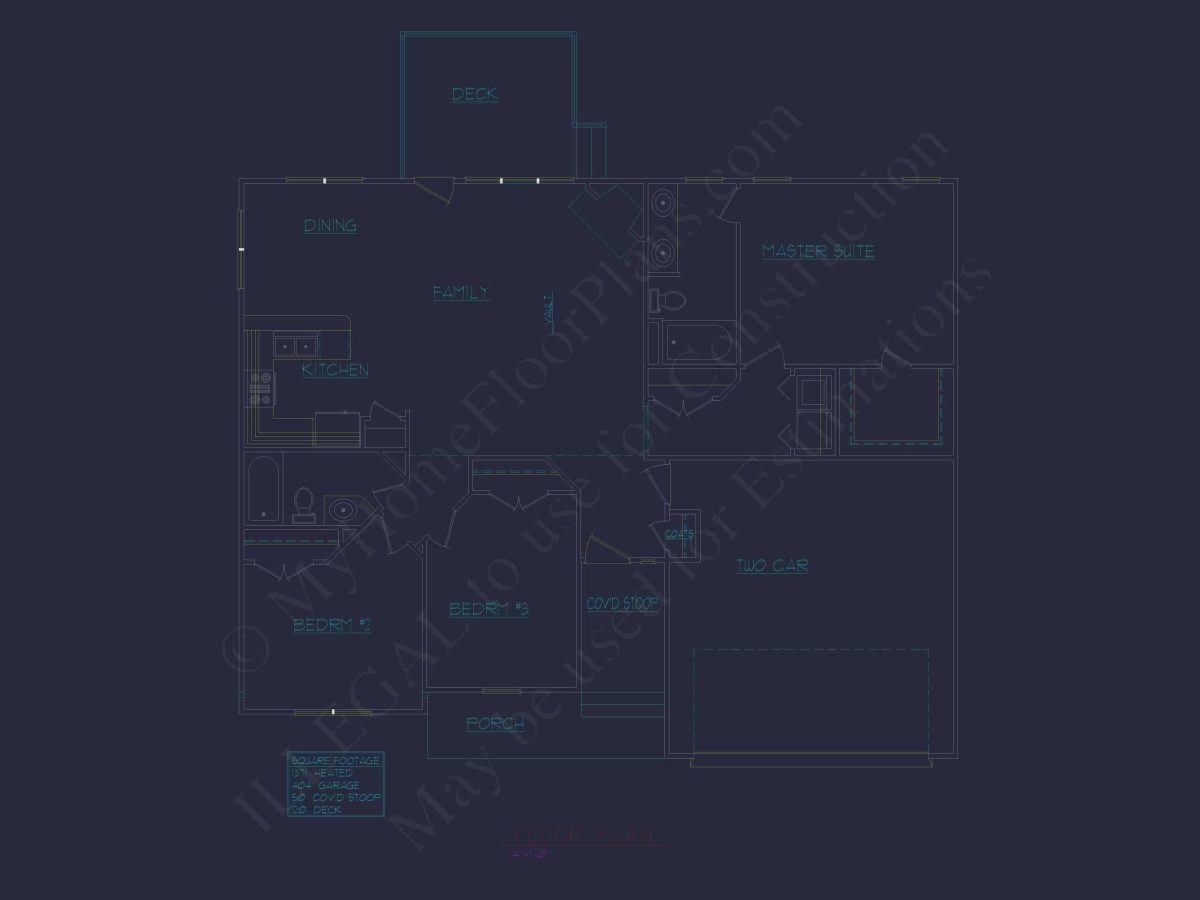 Ranch Home Floor Plan 3-Bed, 2-Bath CAD Designs