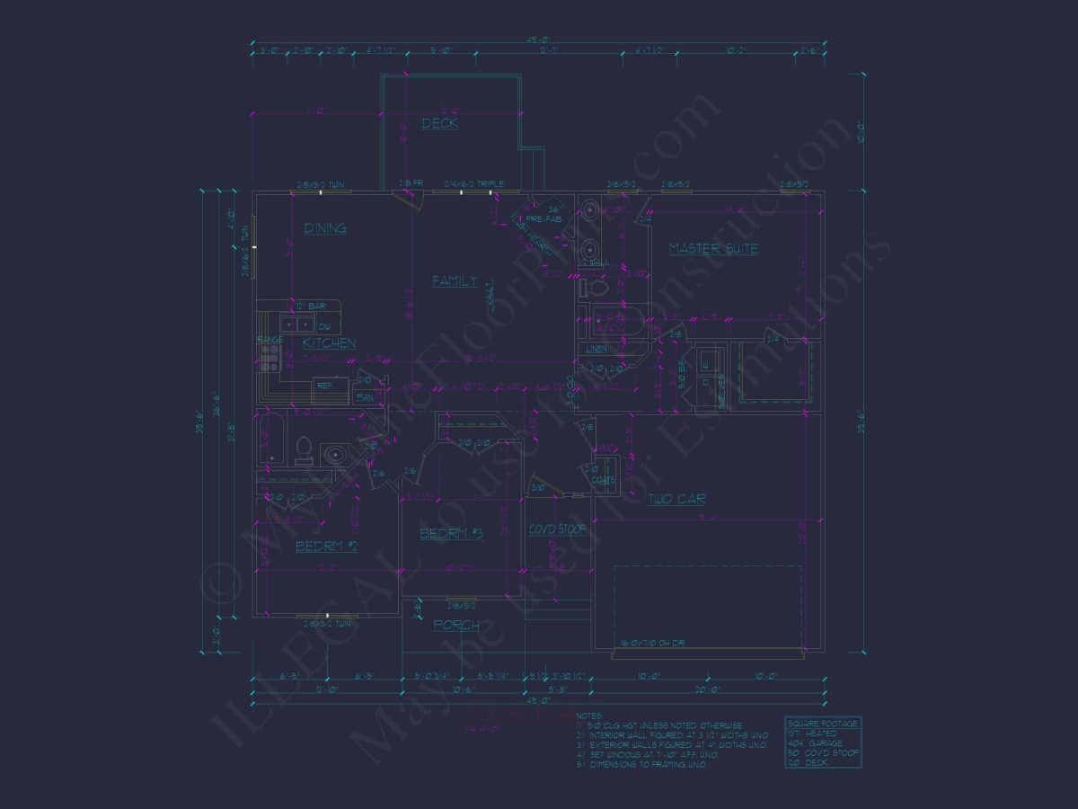 Ranch Home Floor Plan 3-Bed, 2-Bath CAD Designs