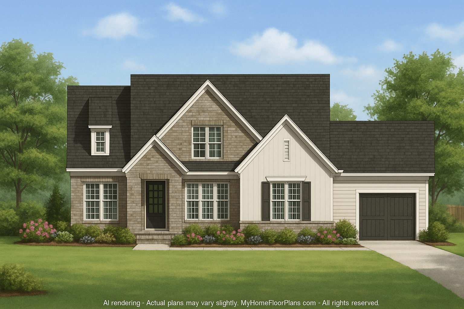 Spacious 2-Story House Plan with 4 Bedrooms and 3 Garage Bays