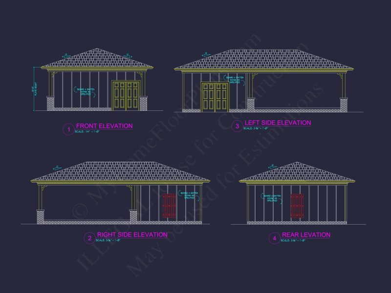 Traditional Carport House Design with CAD Floor Plan Blueprint