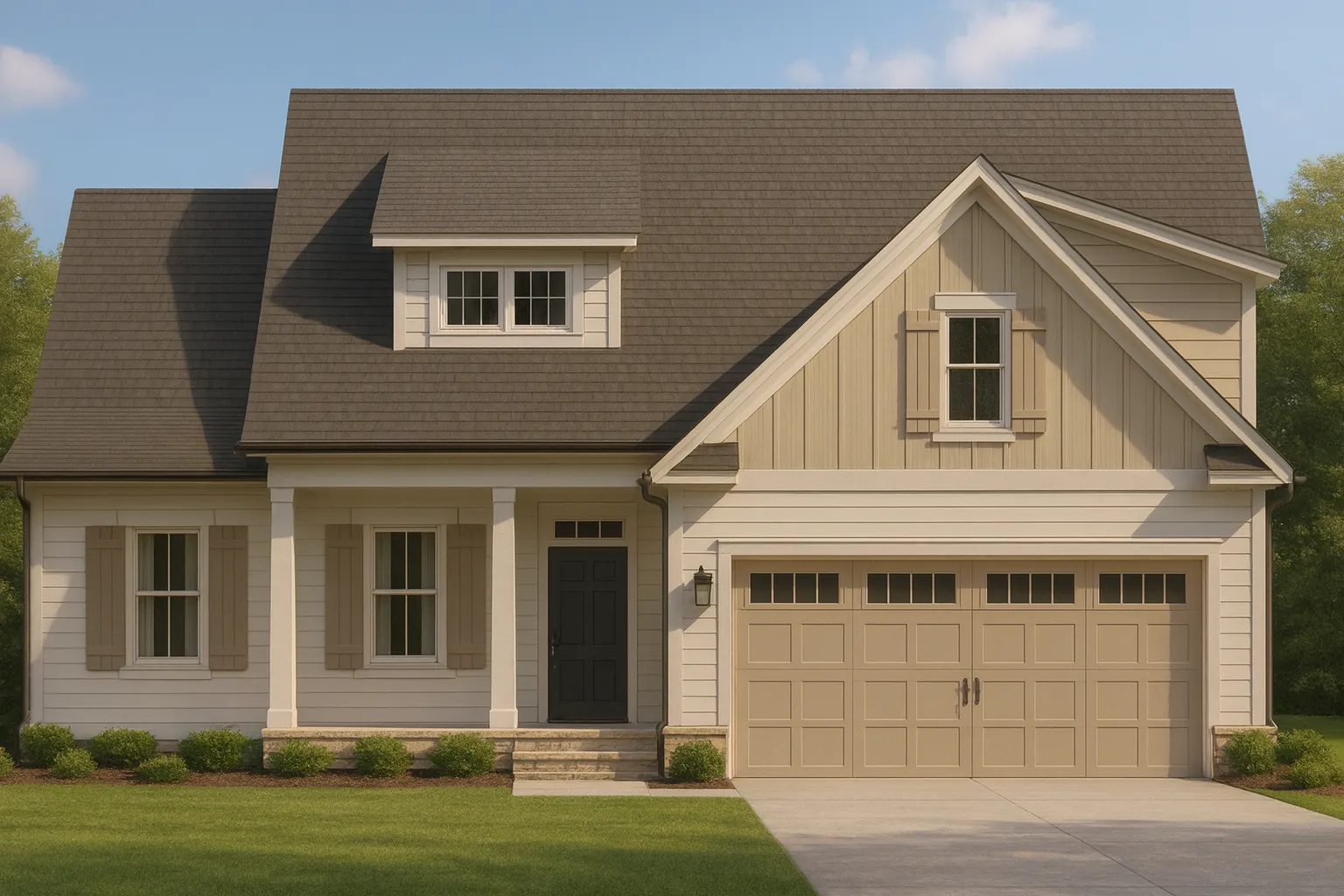 Front elevation of a Modern Farmhouse with board and batten siding, horizontal lap accents, gabled rooflines, and a welcoming covered porch entry