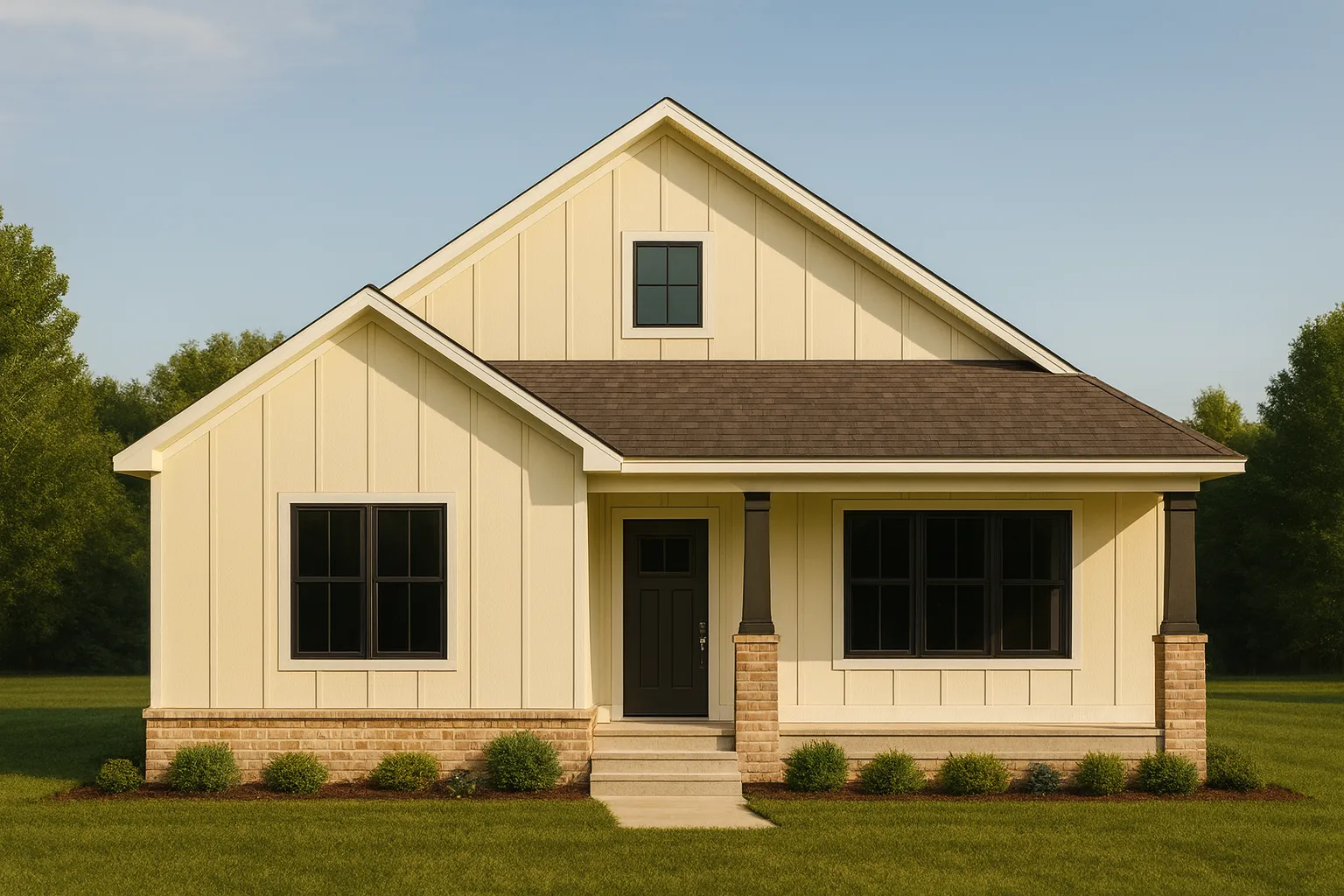 Front view of a Modern Farmhouse Cottage home featuring board and batten siding, brick accents, and a simple gabled roofline