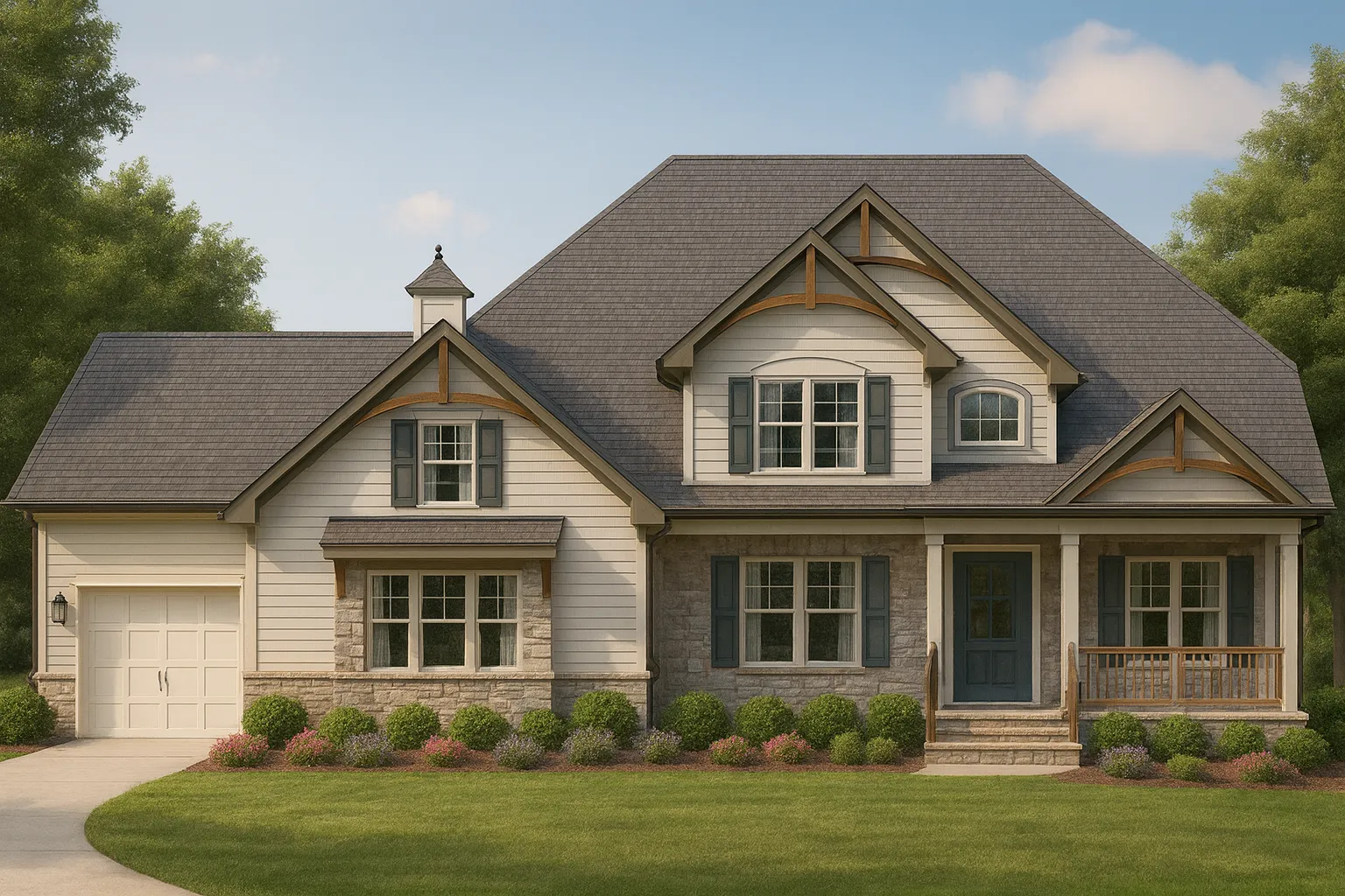 Front elevation of a New American Modern Traditional house with horizontal siding, stone accents, gabled rooflines, and a welcoming covered porch