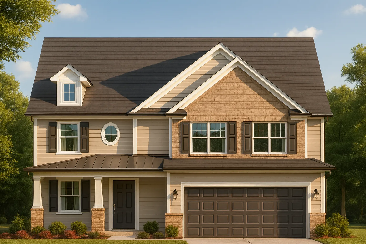 Front elevation of a Traditional Colonial home featuring brick and horizontal lap siding, black shutters, and covered front porch entry with symmetrical design
