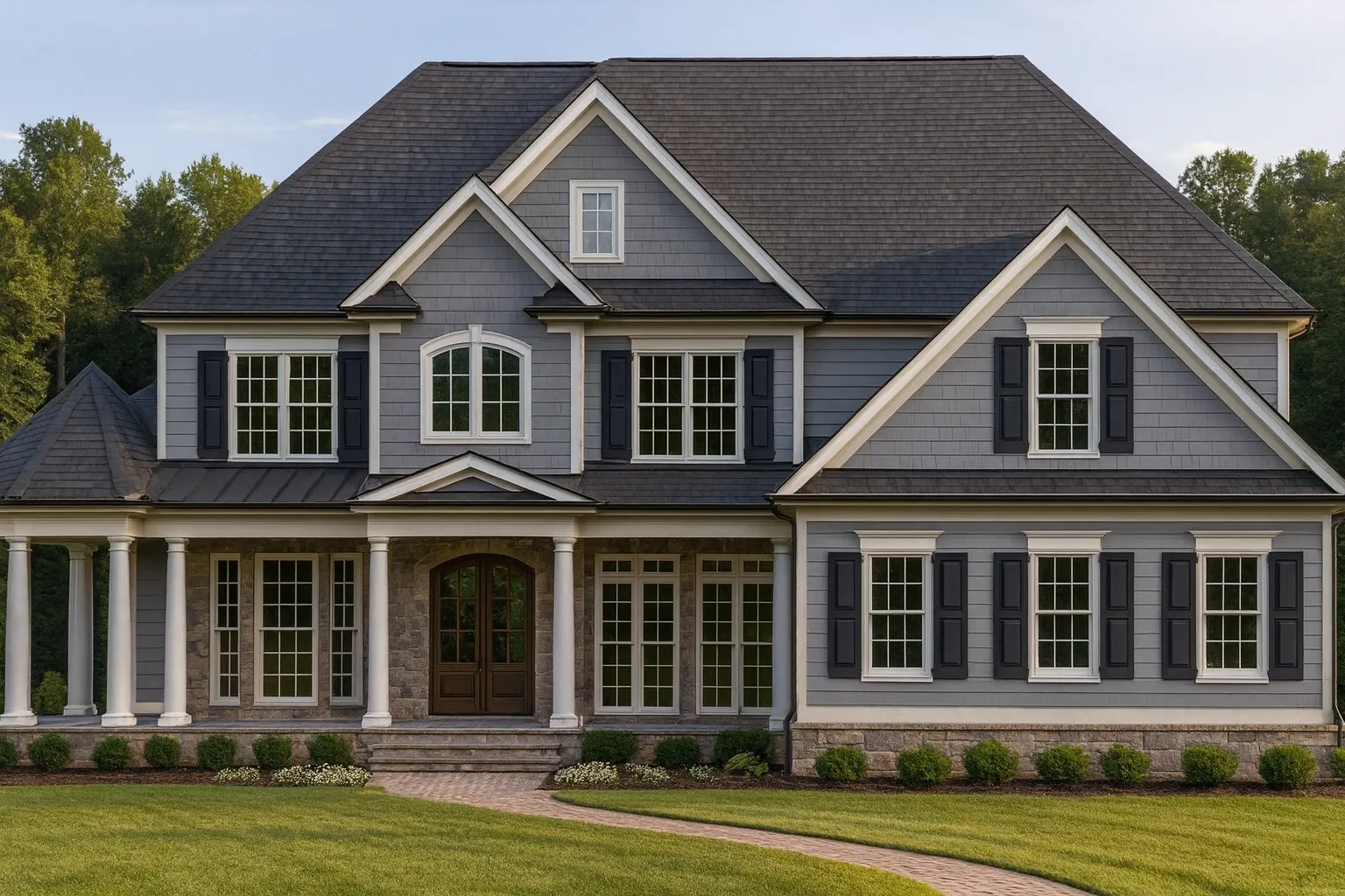 Front elevation of a Traditional Colonial home with horizontal lap siding, shingle-accented gables, symmetrical windows, and a wide covered front porch