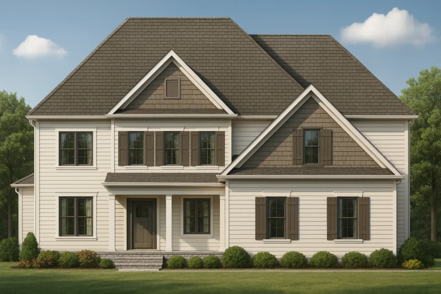 Front elevation of a Traditional Colonial New American style house featuring horizontal lap siding, board-and-batten gables, symmetrical windows, and a covered front porch
