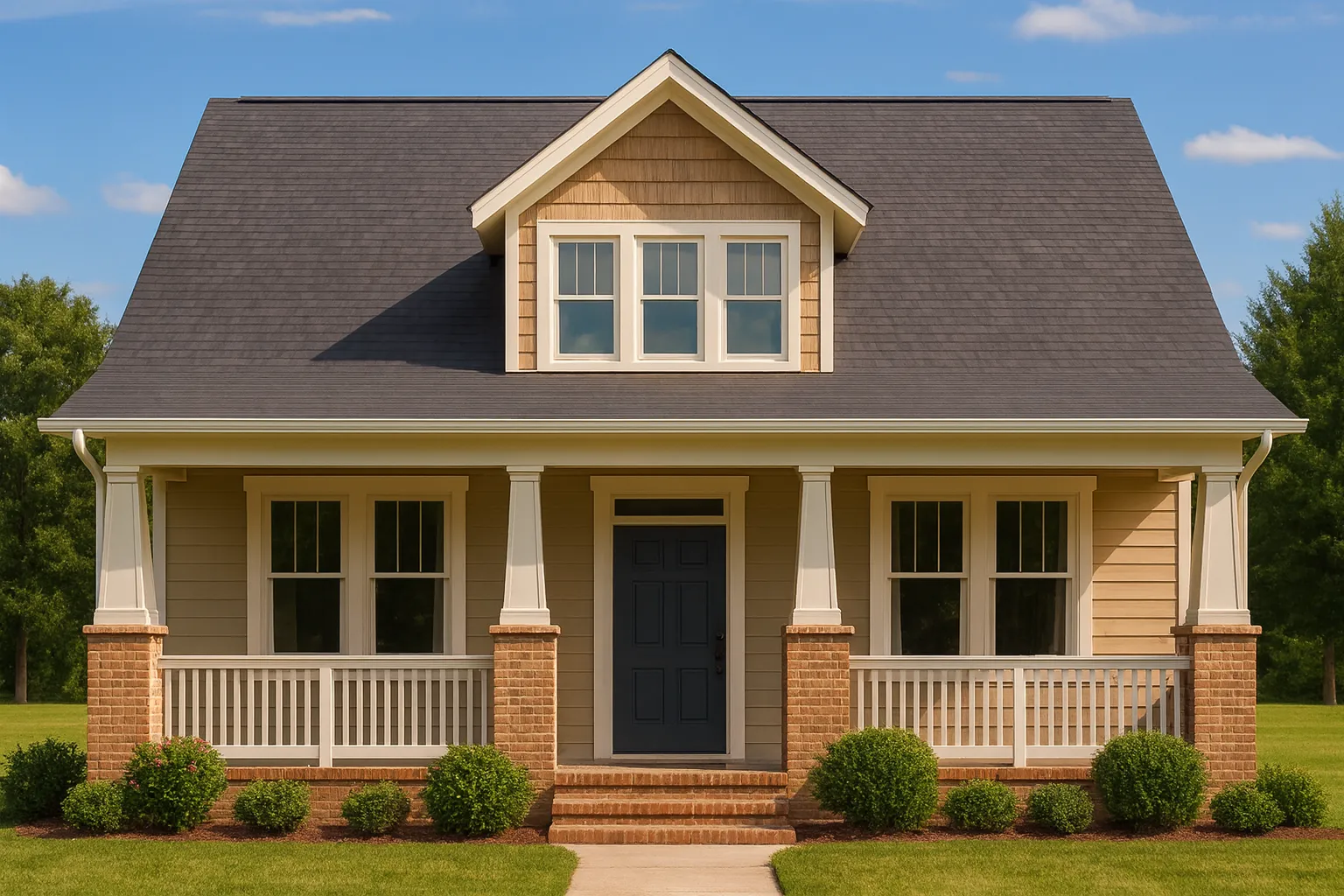 Front elevation of a Traditional Cottage style home featuring horizontal siding, brick porch columns, gabled dormer, and a welcoming covered front porch