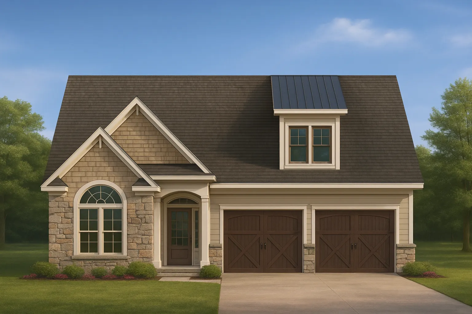 Front exterior view of a Traditional Suburban Craftsman style home featuring stone accents, shake siding, and a symmetrical gable roof