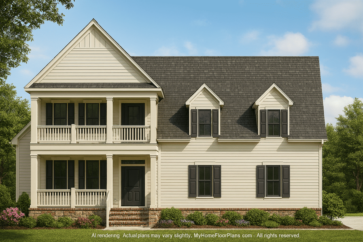 2-Story 3-Bedroom Country House Plan with Island Kitchen & Screened Lanai