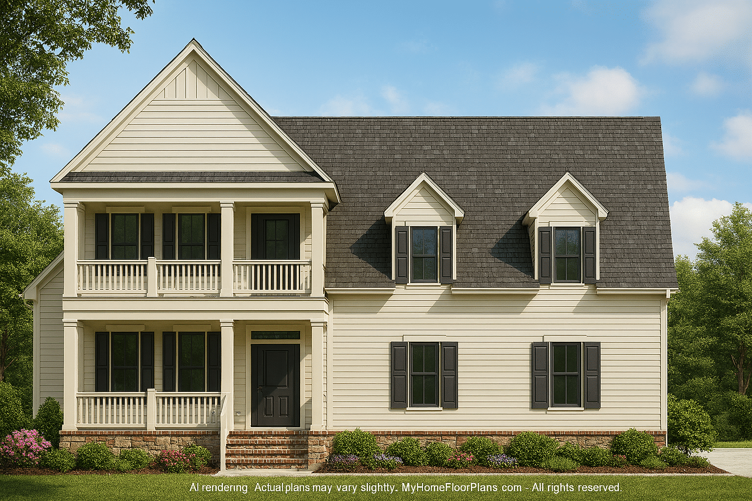 2-Story 3-Bedroom Country House Plan with Island Kitchen & Screened Lanai
