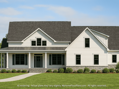 2-Story House Floor Plan with Wraparound Porch & Vaulted Ceilings