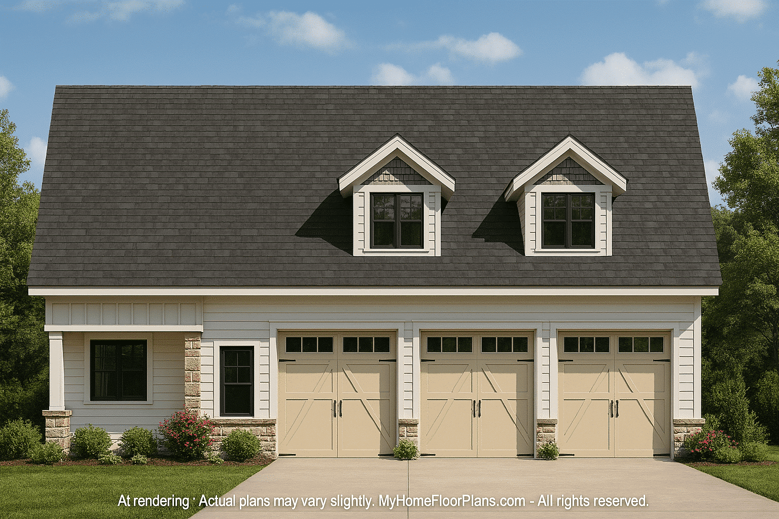 3-Car Garage CAD Home Plans with Living Space & Unique Design
