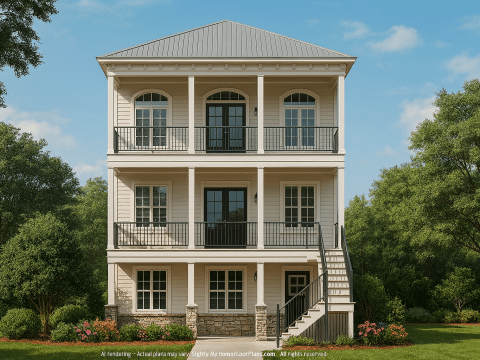 3-Story House Plan with Vaulted Ceilings & Beach-Style Design