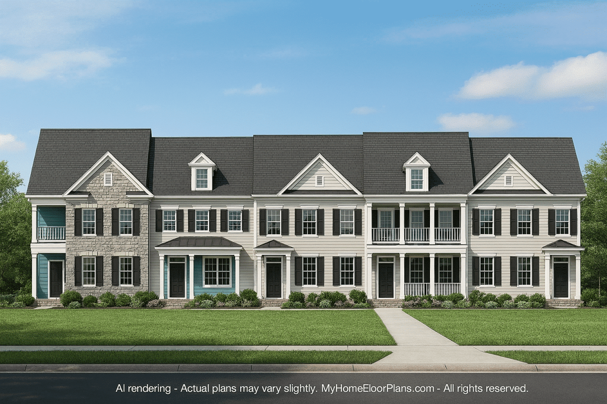 5-Unit Colonial Revival Townhome Plan with Rear Entry Garage and CAD Designs