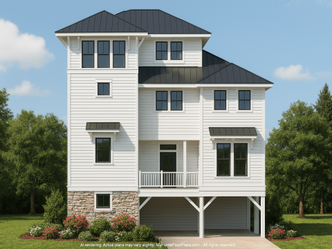 Beach Home Floor Plan 3-Story, 4-Bedroom Coastal Design with Elevator