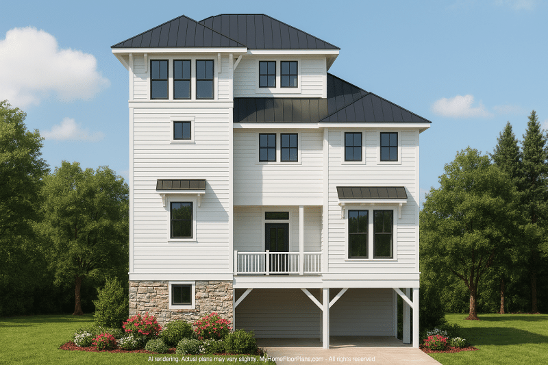 Beach Home Floor Plan 3-Story, 4-Bedroom Coastal Design with Elevator