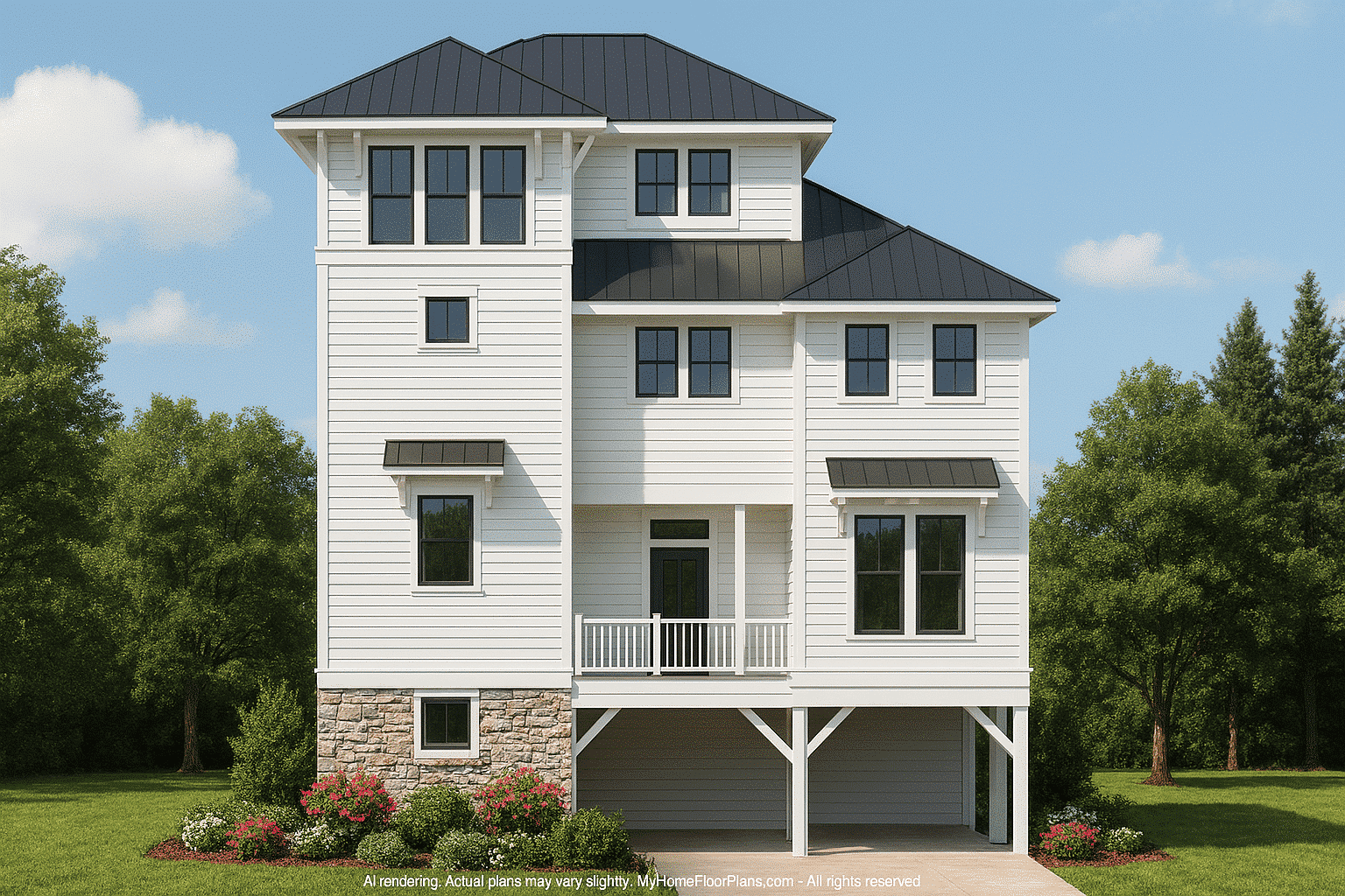 Beach Home Floor Plan 3-Story, 4-Bedroom Coastal Design with Elevator