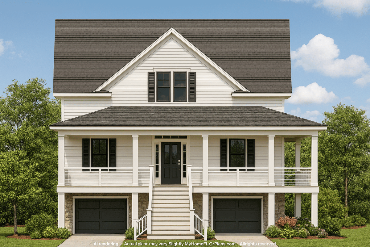Beach House Blueprint 2.5-Story Home with Split Garage