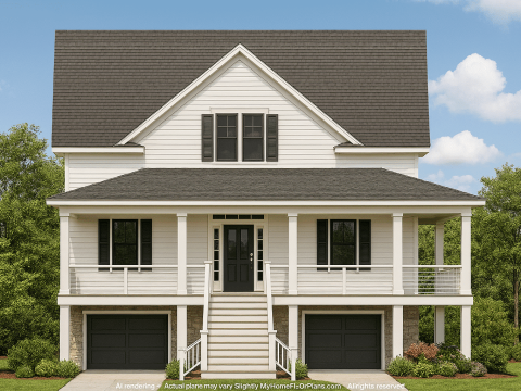 Beach House Blueprint 2.5-Story Home with Split Garage