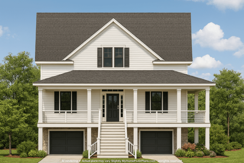 Beach House Blueprint 2.5-Story Home with Split Garage
