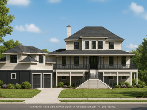 Beach House Floor Plan with Detached Garage and Bonus Living Space