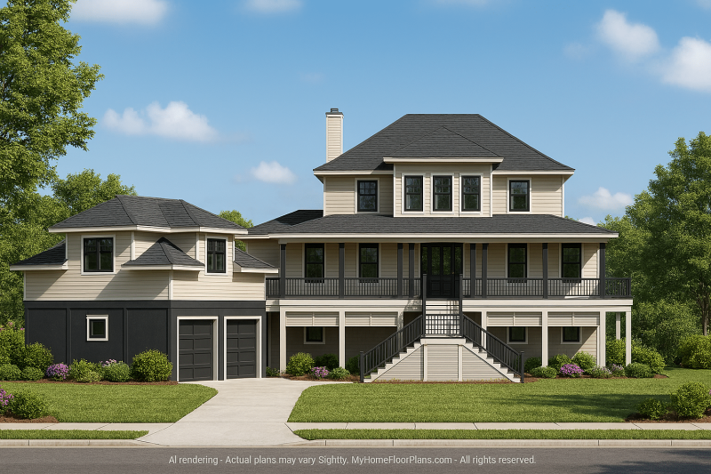 Beach House Floor Plan with Detached Garage and Bonus Living Space