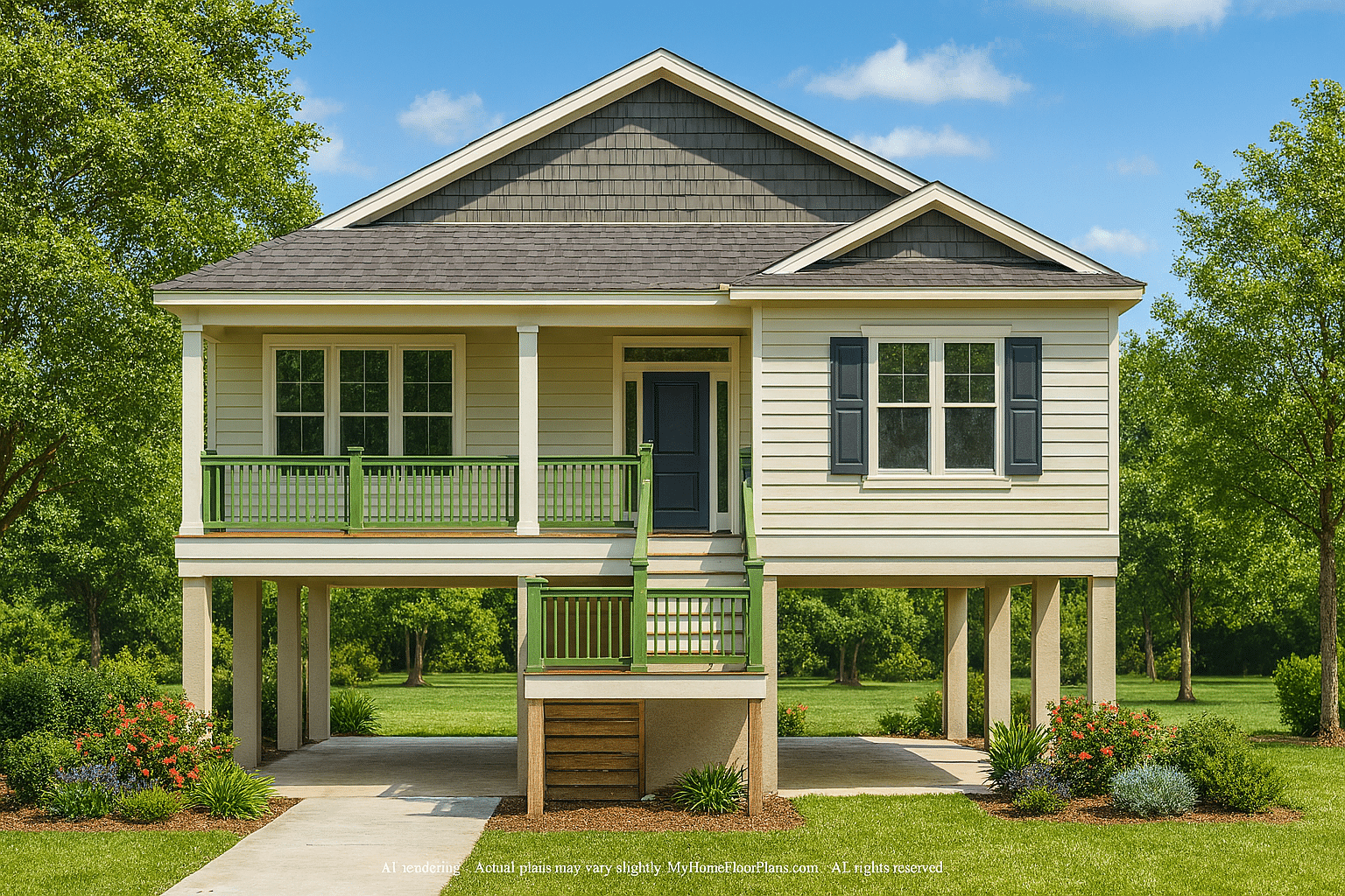 Beach House Plan with Coastal Charm & 1.5 Story Open Layout