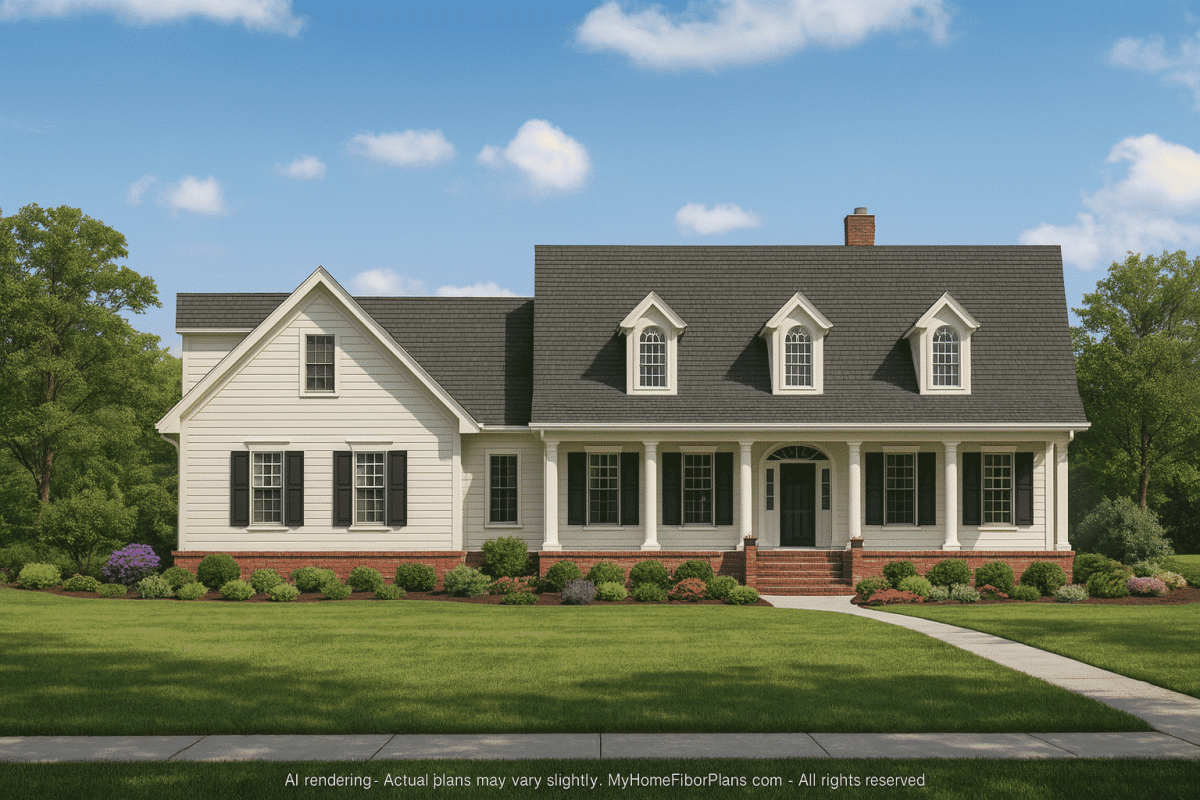 Colonial Farmhouse House Plan with Vaulted Ceilings & Detached Garage