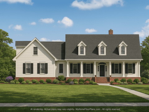 Colonial Farmhouse House Plan with Vaulted Ceilings & Detached Garage
