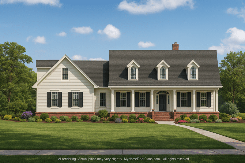 Colonial Farmhouse House Plan with Vaulted Ceilings & Detached Garage