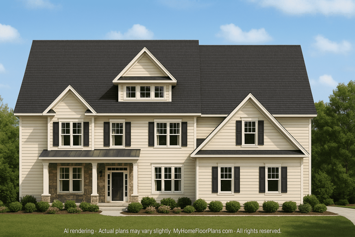 Colonial Revival Home Floor Plan with 3 Stories and Vaulted Ceilings