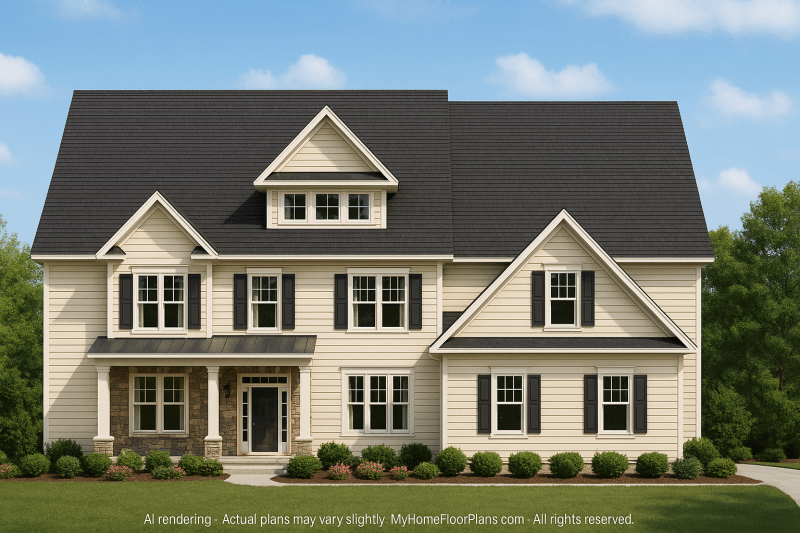Colonial Revival Home Floor Plan with 3 Stories and Vaulted Ceilings