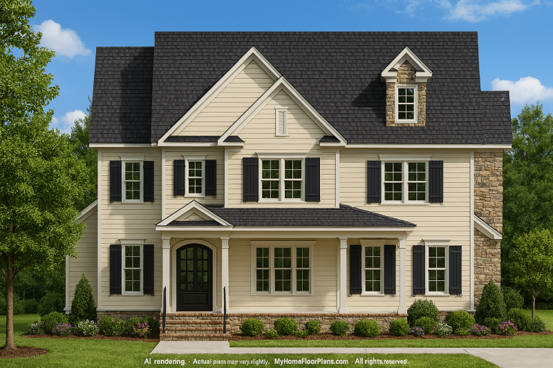 Colonial Revival Home Plan with Spacious Design and CAD Blueprint