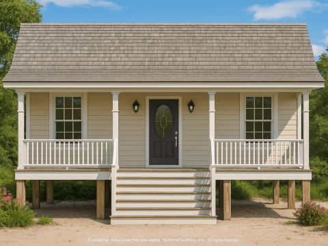 Compact 1-Story Beach House Plan with Pier Foundation and CAD Blueprints