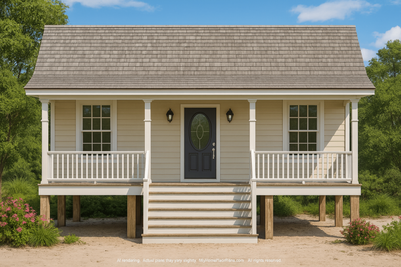 Compact 1-Story Beach House Plan with Pier Foundation and CAD Blueprints
