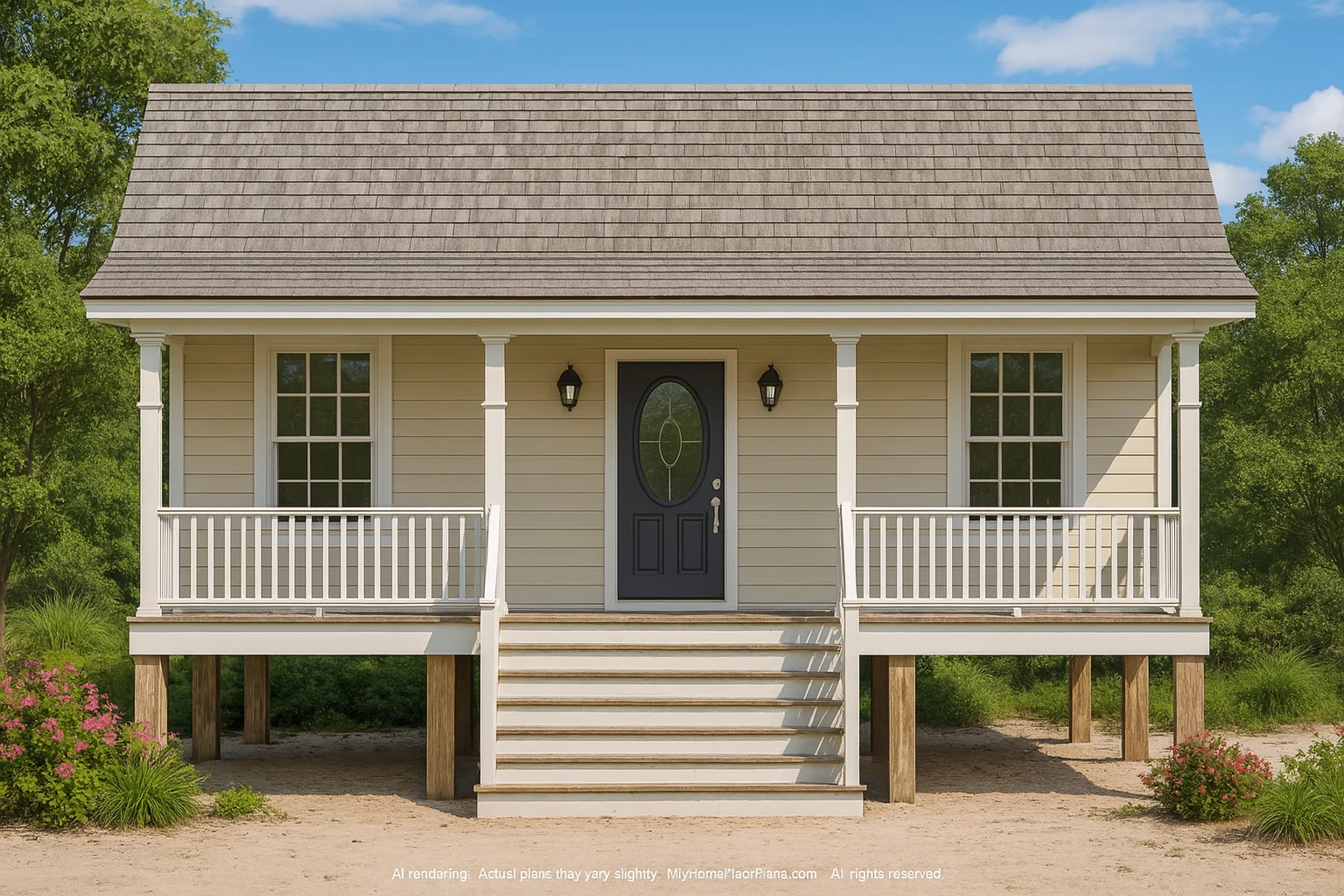 Compact 1-Story Beach House Plan with Pier Foundation and CAD Blueprints