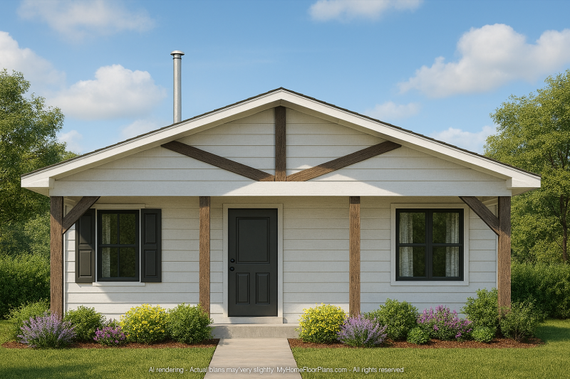 Compact 2-Bedroom House Plan with Front Porch & CAD Blueprints