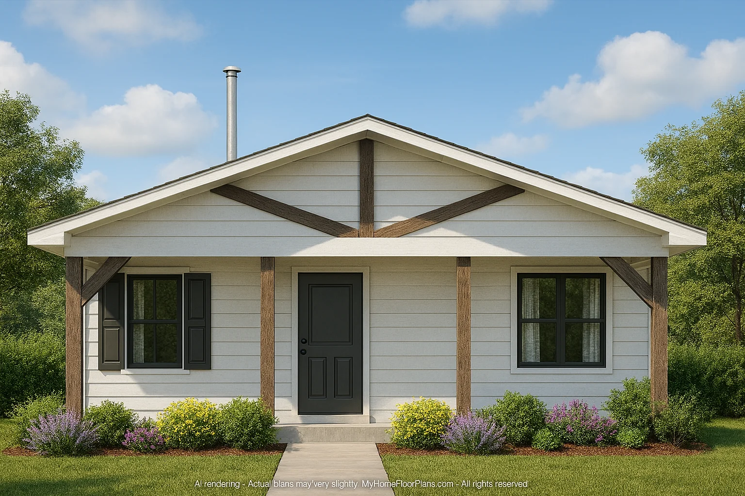 Compact 2-Bedroom House Plan with Front Porch & CAD Blueprints