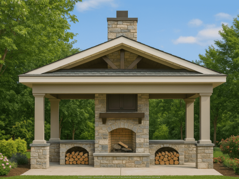 Cozy Cabana House Plan – Vaulted Ceiling, Outdoor Fireplace & CAD Blueprints