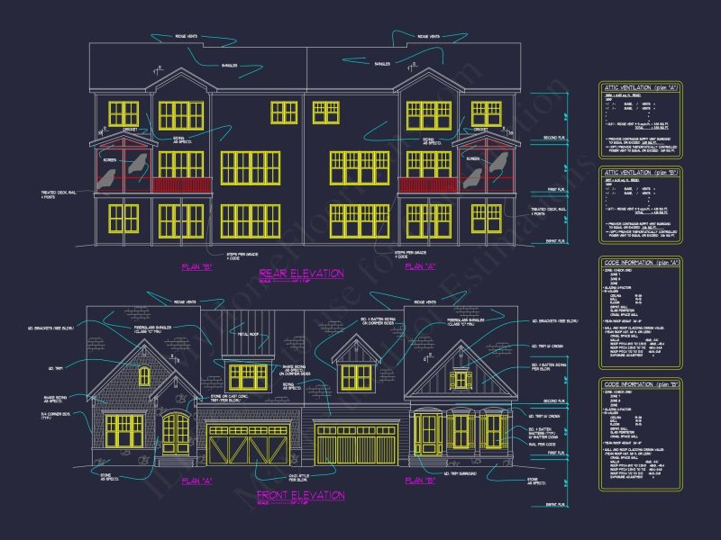 Elegant 3-Story Duplex House Plan with CAD Blueprint Designs